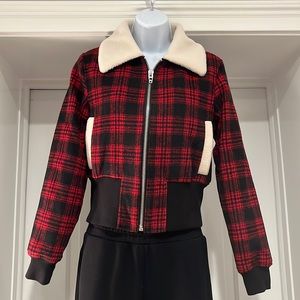 Blank NYC black/red plaid lined flannel bomber with faux Sherpa collar size S